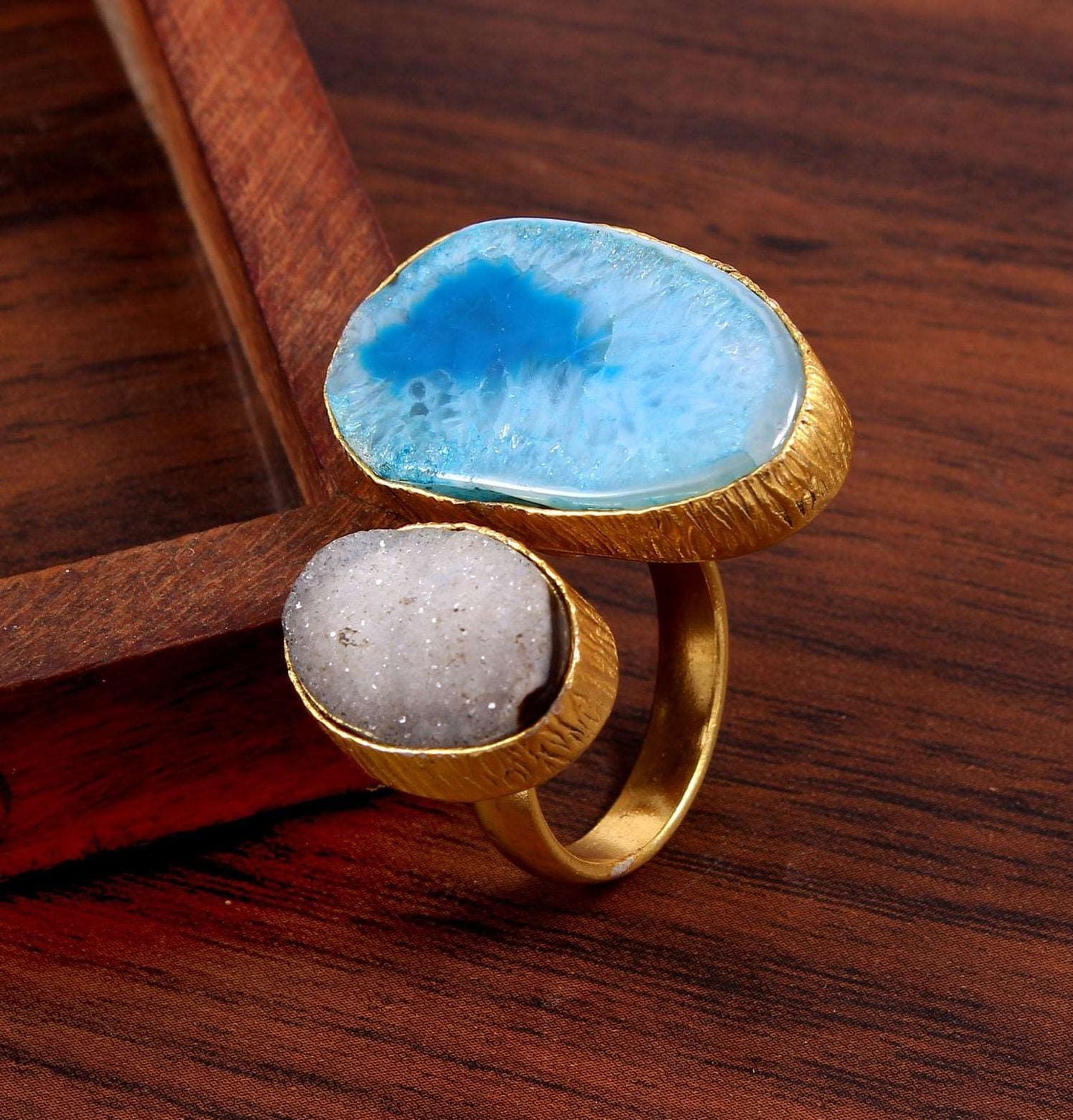 Blauwe Agaat & Druzy Ring